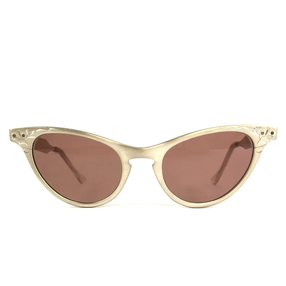 Vintage Artcraft Sunglasses 4-5 1/4 Satin Gold Aluminum Cat Eye w/ Red Lenses